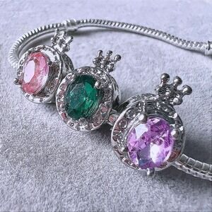 Silver Crown Charm Bracelet Princess Gemstone Pink Green Purple